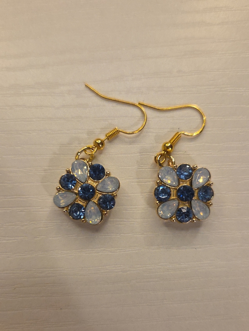 Gold Floral Drop Earrings with Blue and Opal-Like Stones